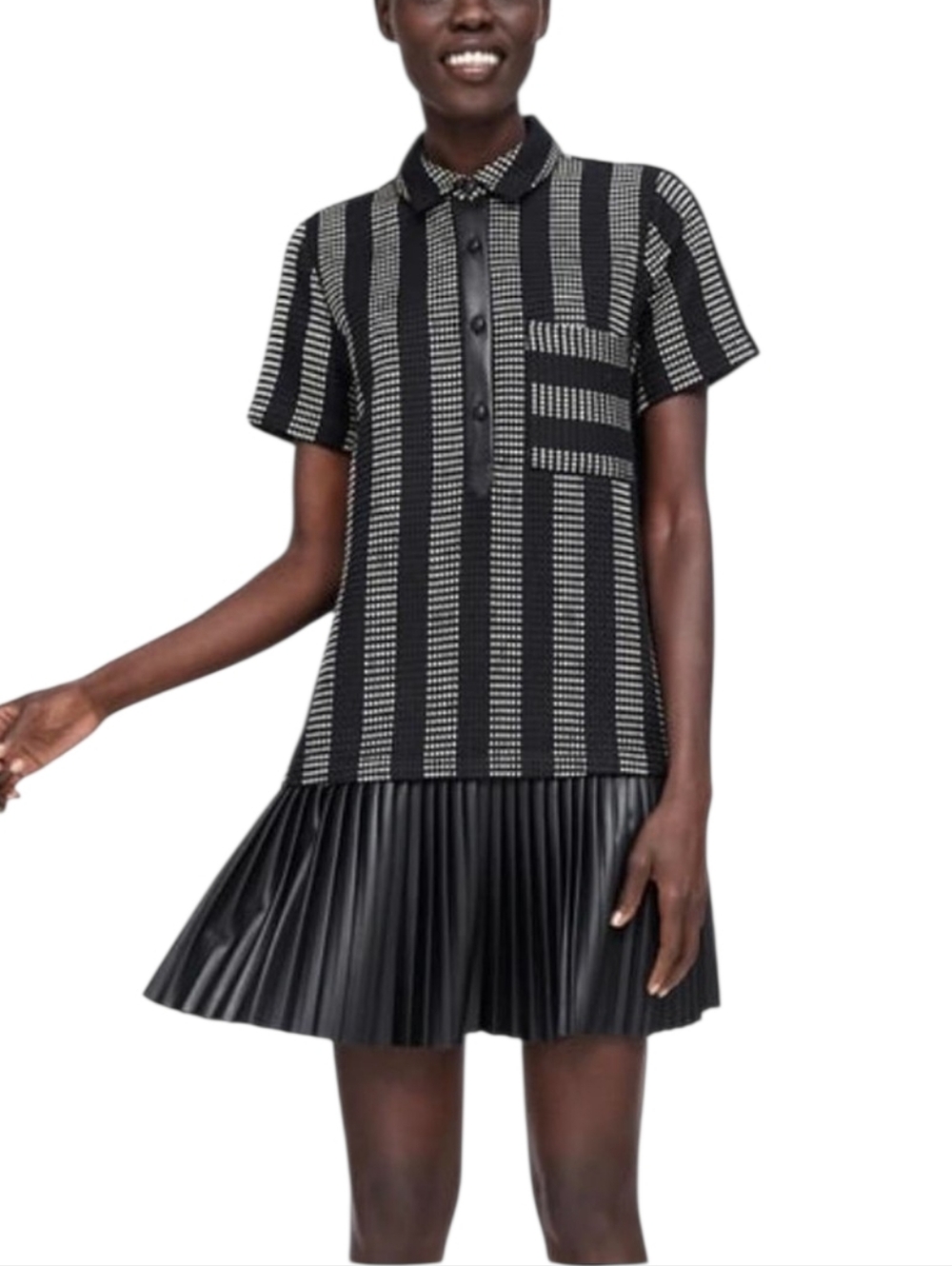 Zara Textured Stripe Mini Polo Shirt Dress Faux Leather Pleated Skirt Sz L